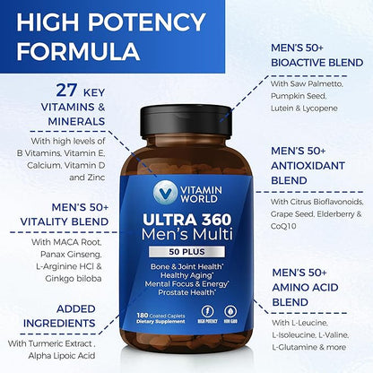 Vitamin World Ultra 360 Multivitamin for Men 50 Plus, Men's 50+ Multivitamin with Minerals & Herbs for Prostate Function, Supplement with Vitamin A, C, D, E & Zinc for Healthy Aging, 180 Caplets