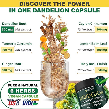 Dandelion Root Supplement 7500mg 6in1 for Digestion, Heart Health & Immune - Blended with Ginger, Turmeric Curcumin, Ceylon Cinnamon, Lemon Balm & Holy Basil - 100 Dandelion Capsules