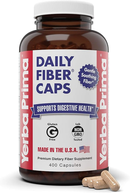 Yerba Prima Daily Fiber Caps Formula, 400 Capsules - Both Soluble and Insoluble - with Psyllium Seed Husks, Acacia Gum, Apple Fiber and More - Dietary Supplement