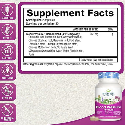 Ridgecrest Herbals Blood Pressure Herbal Formula, 12 Herbs, Poria Mushroom, Gastrodia, Gardenia, for Heart, Vascular, Circulation Health (60 Count (Pack of 1))