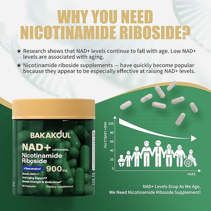 NAD Supplement - Liposomal Nicotinamide Riboside, Resveratrol, Quercetin, NAD Nicotinamide Riboside Resveratrol 900mg, NAD+ Supplement for Men and Women, 80 Capsules 1 Pack