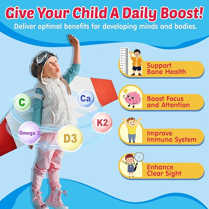 Kids Omega 3 Gummies with Calcium, Vitamin D3 & K2, C, Omega-3 DHA Gummies for Focus and Memory, Bone Health & Immune Support, Kids Omega3 Supplement - No Fish Taste, Non-GMO, Chewable, 2 Pack