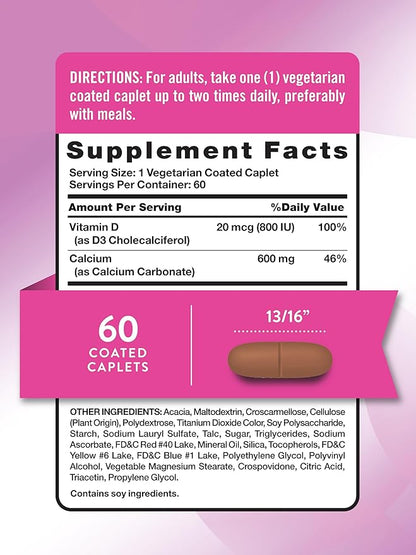 Nature's Truth Calcium 600 mg with Vitamin D3 | Coated Caplets | Calcium Carbonate | Vegetarian, Non-GMO & Gluten Free Supplement