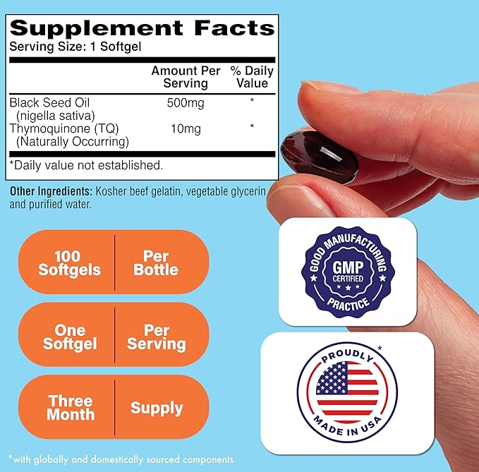 Health Thru Nutrition Black Seed Oil 500mg 100 Softgels | High Potency 2% Thymoquinone | 3rd Party Tested | Pure Cold Pressed | Organically Gown | Non-GMO, Gluten Free, Soy Free