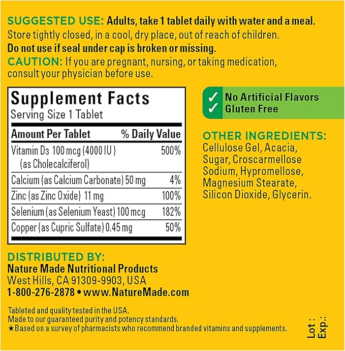 Nature Made Super Vitamin D Immune Complex, Vitamin D3, Selenium, Copper and Zinc Supplements for Immune Support, 70 Tablets, 70 Day Supply