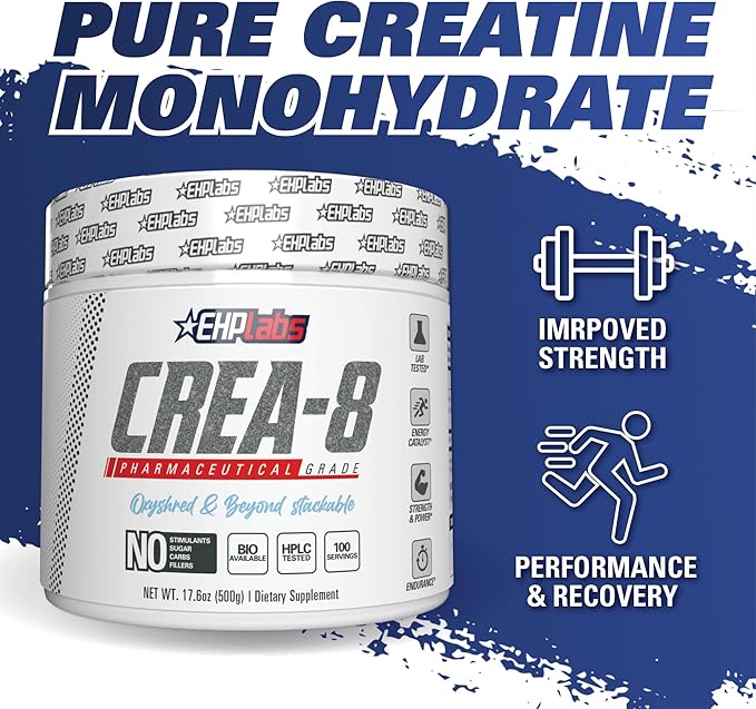 EHP Labs CREA-8 Creatine Monohydrate Powder - Unflavored Creatine Powder for Muscle Growth, Increased Strength, Enhanced Energy Output and Improved Performance - 100 Servings (500g)