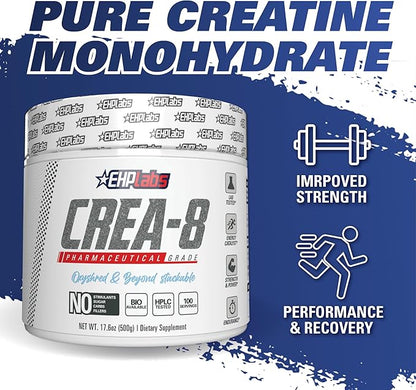 EHP Labs CREA-8 Creatine Monohydrate Powder - Unflavored Creatine Powder for Muscle Growth, Increased Strength, Enhanced Energy Output and Improved Performance - 100 Servings (500g)