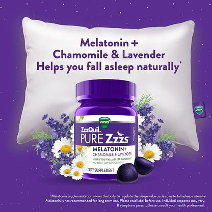 ZzzQuil PURE Zzzs Melatonin Gummies, Sleep Aid, Melatonin 2mg, with Chamomile & Lavender, Melatonin Sleep Gummies, Sleep Aids for Adults, Wildberry Vanilla Flavored, 24 Sleep Gummies