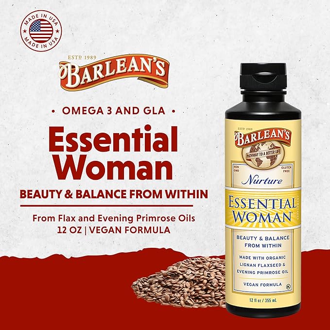 Barlean's Essential Woman Liquid Supplement for Women, Organic Flaxseed, Evening Primrose Oil and Soy Isoflavones, Omega 3 6 9 and GLA, 12 oz