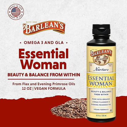 Barlean's Essential Woman Liquid Supplement for Women, Organic Flaxseed, Evening Primrose Oil and Soy Isoflavones, Omega 3 6 9 and GLA, 12 oz
