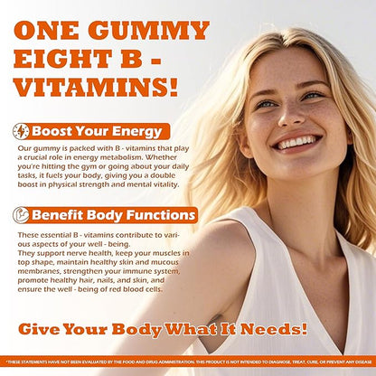 Vitamin B Complex Gummies for Adults & Kids - 120 Count Apple Flavored, with B12, Biotin, Folic Acid, Niacin (3g Per Gummy) | Energy Metabolism & Hair Support | Non-GMO, Vegan