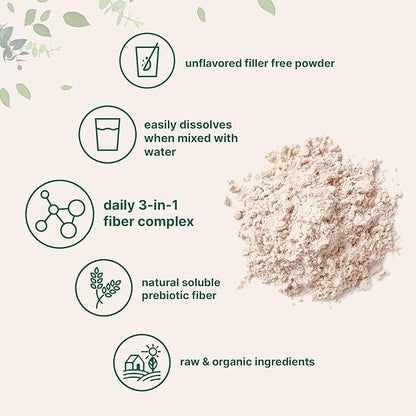 Organic Fiber Supplement (Inulin, Acacia, Psyllium Husk), 2 Pounds, 3-in-1 Formula, Daily Soluble Fiber, Unflavored, Prebiotics Supplement for Digestive Health, Hunger Control, Vegan