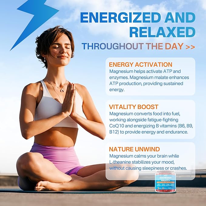 Magnesium Malate Gummies for Energy, Muscle, Calm & Relax Support - 400mg Magnesium Supplement with CoQ10-100mg, L-Theanine, Vitamin D3, B6, B12 & Folate 5-MTHF, Sugar Free Magnesium Vitamins, 1Pack