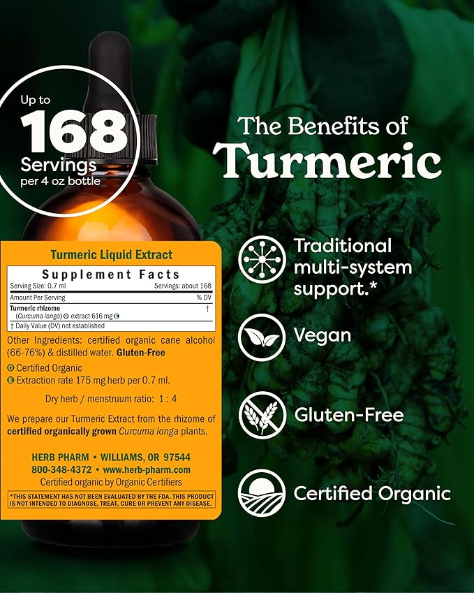 Herb Pharm Certified Organic Turmeric Root Liquid Extract for Musculoskeletal System Support - 4 oz