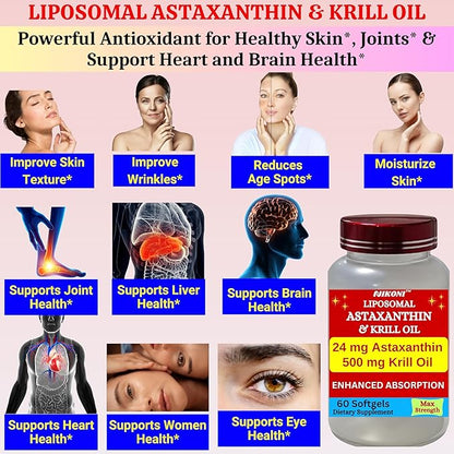 Liposomal Astaxanthin 24mg with Kril Oil 500mg Supplement, 120 softgels