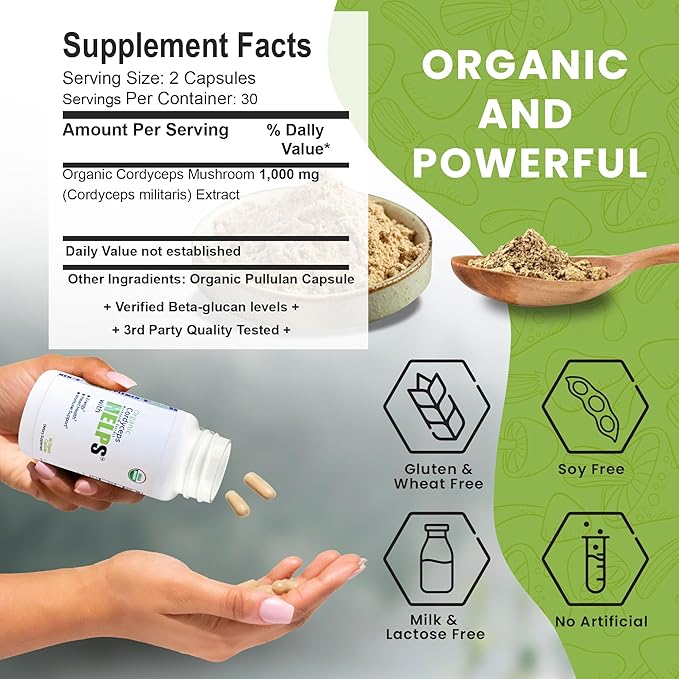 Organic Cordyceps Mushroom Capsules Supplement - 1000mg Cordyceps Militaris Extract - 100% Natural, Real & Pure - Beta-Glucan - Herbal Support for Energy-Boosting & Immune Health - 60 Capsules