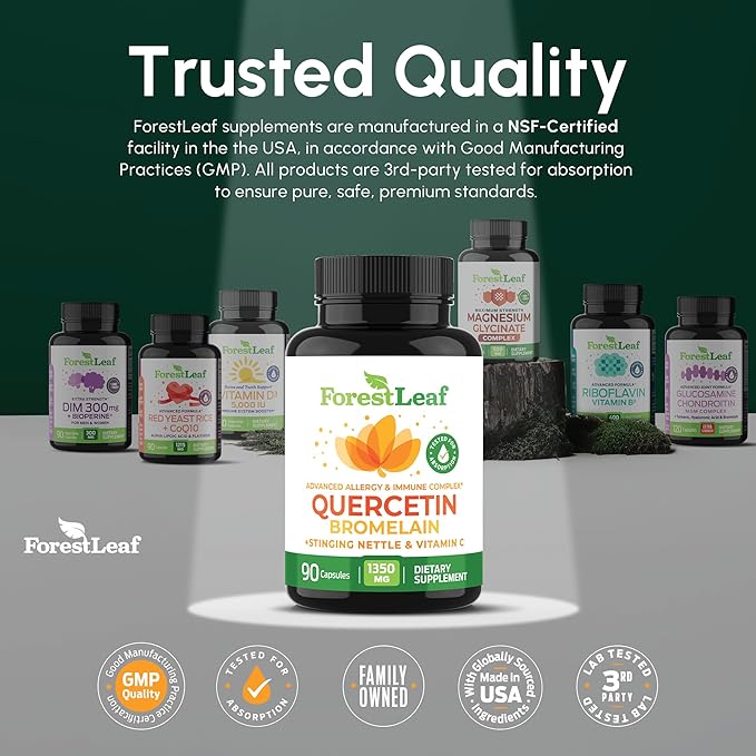 ForestLeaf Quercetin with Bromelain 1350mg - Blend with Vitamin C & Stinging Nettle Supplement, Quercetin 500mg Capsules, Non-GMO Gluten Free, Natural Immune & Respiratory Function, 90 Veggie Caps