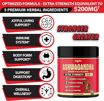 Ashwagandha Capsule 5in1-90 Vegan Capsules Blended with Ginger, Turmeric, Rhodiola Rosea & Black Pepper