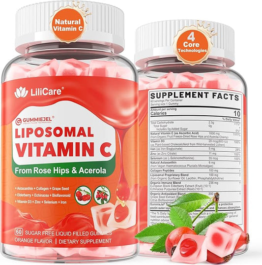 Liposomal Vitamin C 1000mg Filled Gummies for Adults & Kids 9+, 1660mg Blend w/ Echinacea, Elderberry, D3, Zinc, Iron, Bioflavonoid,Astaxanthin - Natural Organic Chewable Vitamin C Gummies, Sugar Free