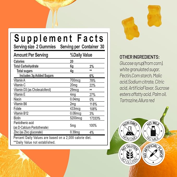 Multivitamin Gummies for Adult 5200mcg Biotin, Citrus Flavored Daily Multivitamins with Vitamins A, C, D3, E, B6 and B12, Zinc-Skin, Hair Growth, All Over Health