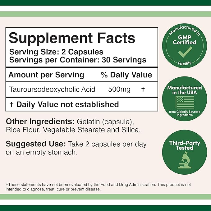 TUDCA Bile Salts Liver Support Supplement, 500mg Servings, Liver and Gallbladder Cleanse Supplement (60 Capsules, 250mg) Genuine Bile Acid TUDCA with Strong Bitter Taste by Double Wood