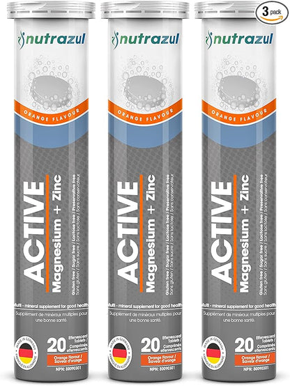 Nutrazul Active Magnesium and Zinc Effervescent Tablets | 60 Tablets | Magnesium Supplements for Muscle Recovery & Electrolyte Balance | Orange Flavor