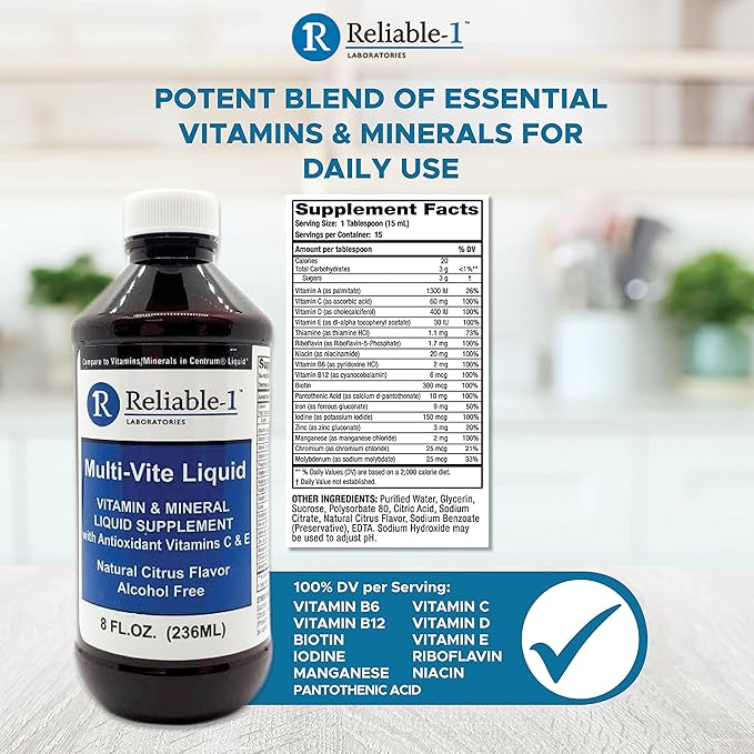 Reliable-1 Laboratories Multi-Vite Liquid Multivitamin for Adults Liquid Vitamins Antioxidant Supplement for Immunity, Metabolism and Energy Support | 8 FL.OZ.