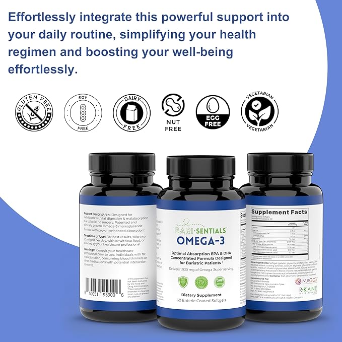 Barisentials Omega-3 Supplement - 1,930mg EPA & DHA Per Serving- Designed for Bariatric Patients- High Absorption MAG-03 Technology - 60 Coated Softgels (1-Month Supply)