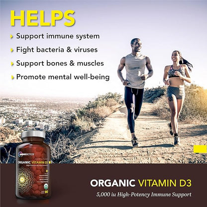 Organic Vitamin D3 Supplement 5000 IU - 100% Vegan High-Potency Vitamin D Supplement for Immune Support, Bone Strength, Energy, and Muscle Health. Non-GMO, Gluten Free - 90 Vegan Tablets