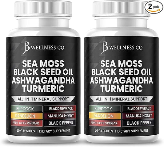 Sea Moss Black Seed Oil Ashwagandha Turmeric Bladderwrack Burdock - with Manuka, Honey Dandelion, ACV Black Pepper Gluten Free- 120 Count