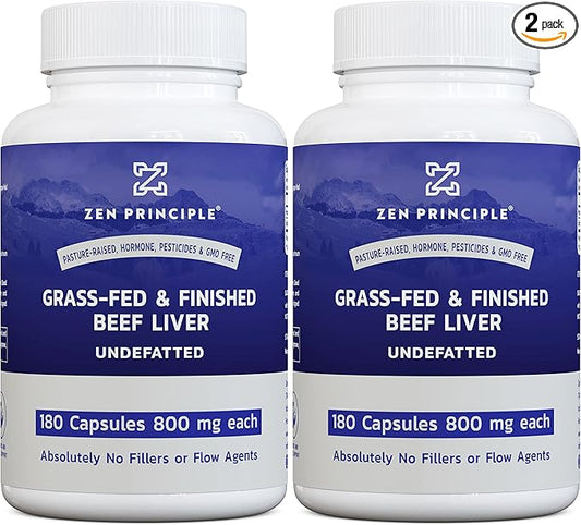 Zen Principle Beef Liver Supplement Grass-Fed, Pasture-Raised Cows. Desiccated Liver Supplement, No Hormones or GMO. Natural Energy from Iron, Protein, Vitamins. 2-Pack, 360 Capsules.