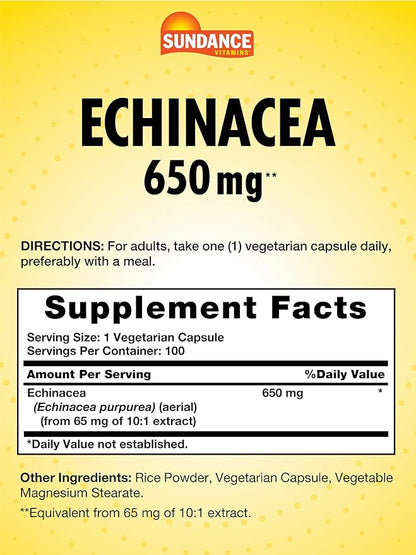 Sundance Echinacea 650mg | 100 Capsules | Traditional Herb Supplement | Vegetarian, Non-GMO, and Gluten Free Formula