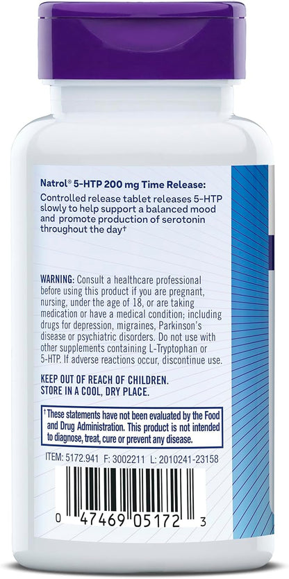 Natrol 5-HTP 200 mg, Time Release, Support a Balanced Mood, Dietary Supplement Provides Serotonin Production Throughout the Day, 30 Tablets, Up to a 30 Day Supply
