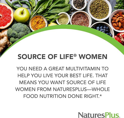 NaturesPlus Source of Life Women Multivitamin - 120 Vegetarian Tablets - Whole Foods, Enzymes & Minerals - Overall Health, Energy - Gluten-Free - 60 Servings