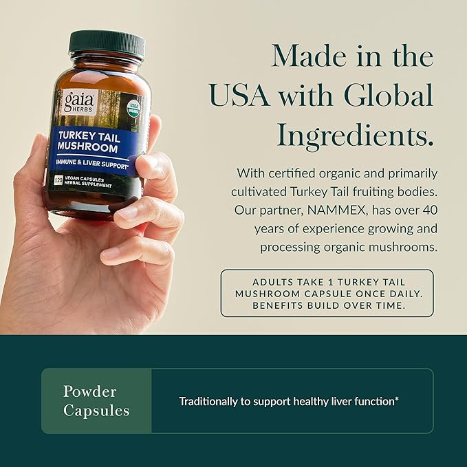 Gaia Herbs Turkey Tail Mushroom - Immune Support Supplement to Help Maintain Liver Health - with Organic Turkey Tail Mushroom Fruiting Body Extract - 120 Vegan Capsules