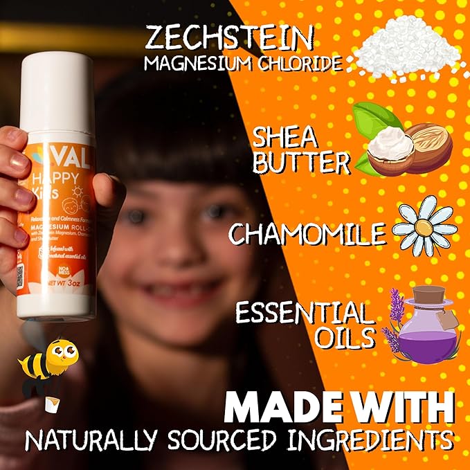 VAL Magnesium Roll-On for Kids | Gentle Zechstein Magnesium Chloride | Relaxation for Daytime & Bedtime | Calm & Mood Support | with Chamomile, Shea Butter & Essential Oils | USA Made | 3oz