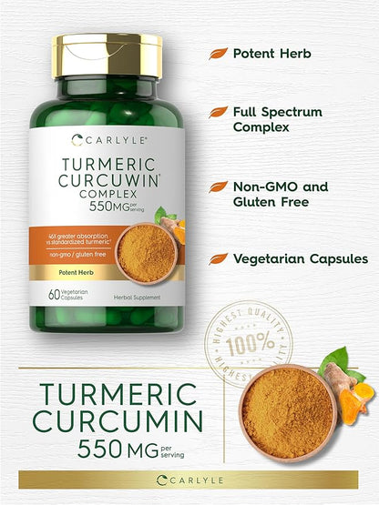 Carlyle Turmeric Supplement 550mg | 60 Capsules | CurcuWin Extract Complex | Vegetarian, Non-GMO, Gluten Free