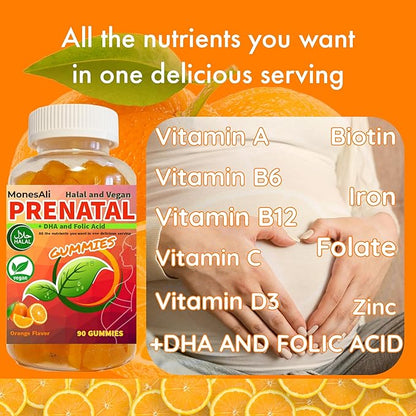 Halal Prenatal and Postnatal Vitamins for Women, Womens Multivitamin Gummies, Gelatin Free with Iron DHA Folate and folic Acid, Vegan Prenatal Vitamin Gummy, Pregnancy Must Haves, 90 Count