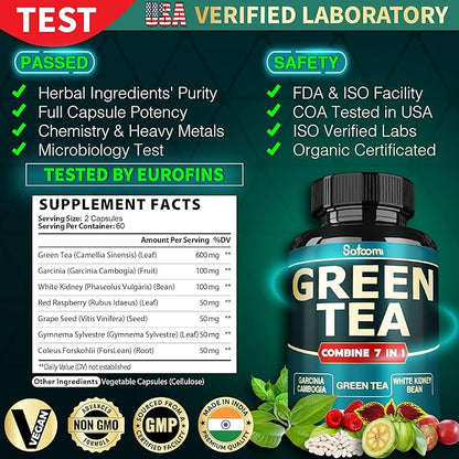 13x Green Tea Extract Capsules 13200mg per Serving with Garcinia Cambogia, Kidney Bean, Raspberry, Grape Seed, Gymnema & Forskohlii - Support Body Management, Mind & Immunity System - 120 Capsules