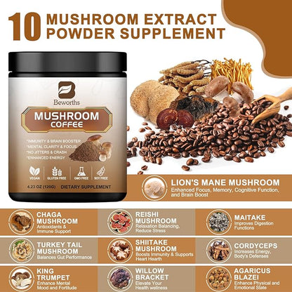 Mushroom Coffee - Lions Mane Mushroom Powder Instant Coffee with Lion's Mane, Reishi, Chaga, Cordyceps, and Turkey Tail - Mushroom Coffee Alternative for Energy,Focus, Brain Booster - Chocolate
