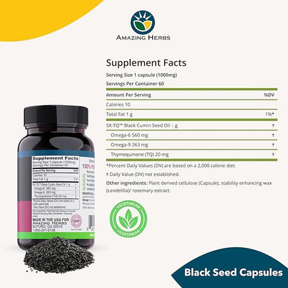 Amazing Herbs Black Seed Oil Capsules - Black Seed Oil Pills, Black Cumin Seed Oil Capsules, Cold Pressed Nigella Sativa Supplement, Blackseed Oil, Non GMO, 100% Pure - 60 Vegetarian Capsules, 1000 mg