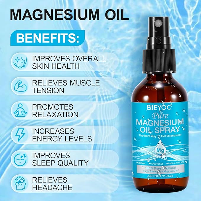 Magnesium Spray, 100% Pure & Organic Natural Magnesium Oil Spray for Feet Glass Bottle, Soothing Relief & Relaxation, Easy to Absorb and Use