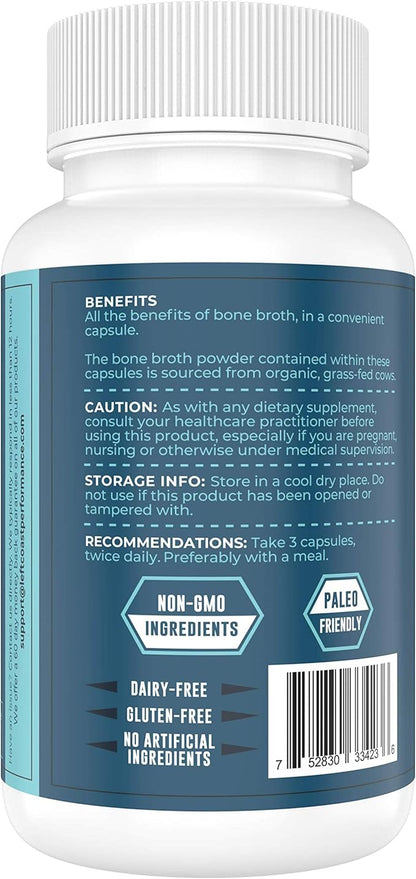 Grass-Fed Bone Broth Capsules with Collagen from Organic Bone Broth Powder. Collagen Supplement for Nails, Hair, Joints and Digestive Health* Support. Gut Friendly-Ingredients, 180 Capsules