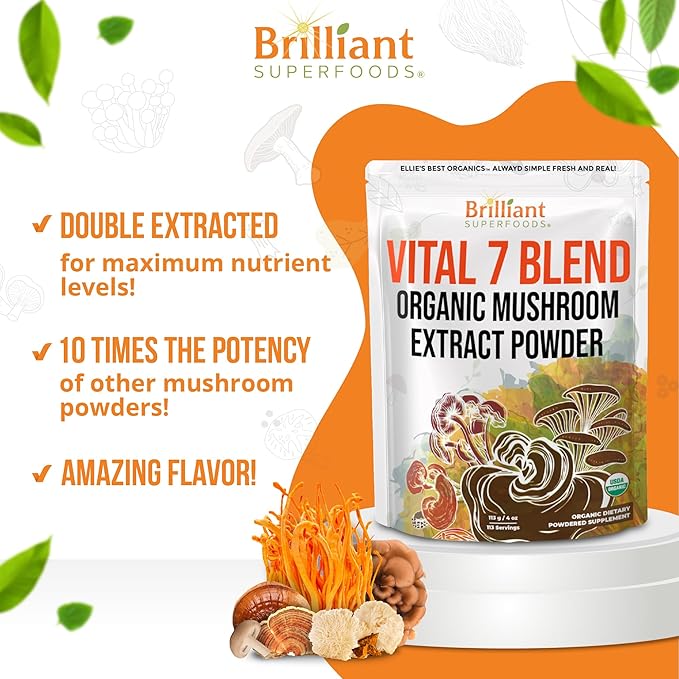 Ellie's Best 7 Mushroom Powder Extract Blend Supplement Organic 114 Servings High Potency Double Extracted Cordyceps, Reishi, Turkey Tail, Chaga, Lion's Mane - 4oz