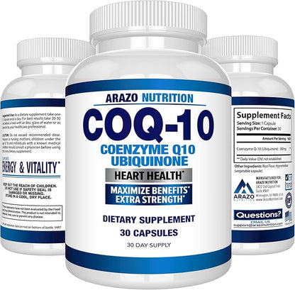 Arazo Nutrition CoQ10 Ubiquinone Coenzyme Q10-200mg Maximum Strength Nutritional Supplement - High Absorption Capsules with No Soy