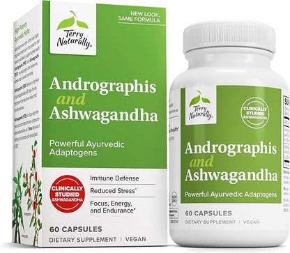 Terry Naturally Andrographis and Ashwagandha - Immune System Support Supplement - Support Energy & Healthy Stress Response - Energy Support Supplement - 60 Capsules (60 Servings)
