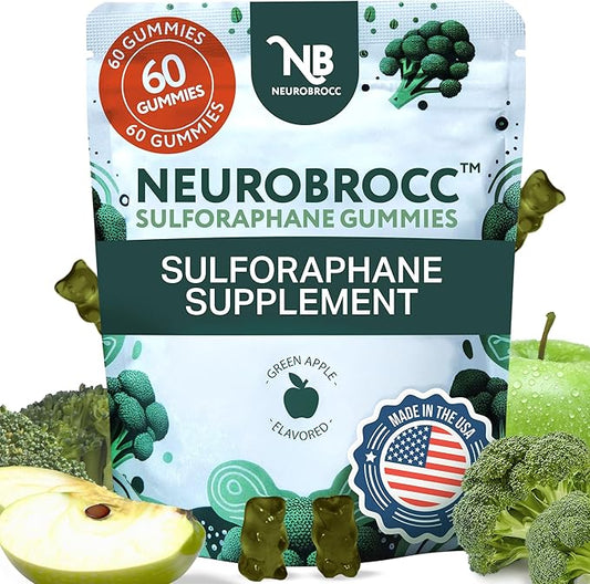 NeuroBrocc Sulforaphane Supplement Gummies - Potent Broccoli Sprout Extract Supplement - 60 Vegan Friendly Green Apple Flavor Gummies