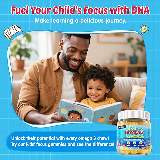 Kids Omega 3 Gummies with Calcium, Vitamin D3 & K2, C, Omega-3 DHA Gummies for Focus and Memory, Bone Health & Immune Support, Kids Omega3 Supplement - No Fish Taste, Non-GMO, Chewable, 2 Pack