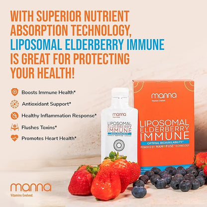 Manna Liposomal Elderberry Immune Packets – Vitamins C, D, Zinc, Echinacea & Ginger - Daily Immune Support for Adults & Kids - Sugar Free, Real Elderberry Extract & Syrup, Travel-Friendly, 30 Pack