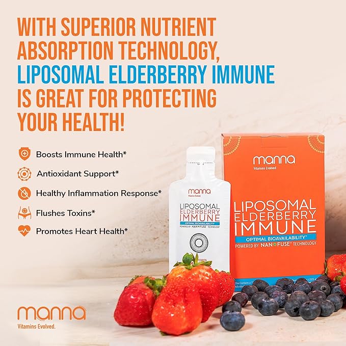 Manna Liposomal Elderberry Immune Packets – Vitamins C, D, Zinc, Echinacea & Ginger - Daily Immune Support for Adults & Kids - Sugar Free, Real Elderberry Extract & Syrup, Travel-Friendly, 15 Pack